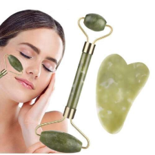 Zöld jade arcmasszírozó henger + Gua Sha szív alakú bőrápoló eszköz