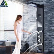  Zuhany panel csaptelep, vízesés eső zuhanyfej, digitális vízhőmérséklet -kijelző, Fekete 8009 csaptelep